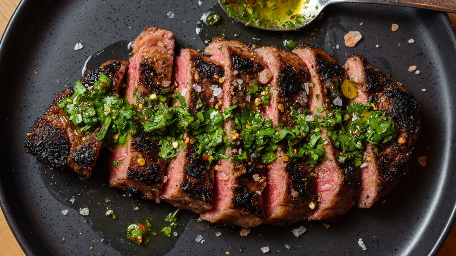 Sliced grilled steak with herb chimichurri