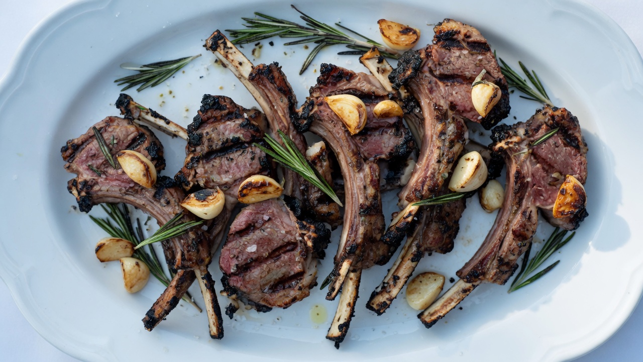 Grilled lamb rib chops with rosemary and garlic, food only