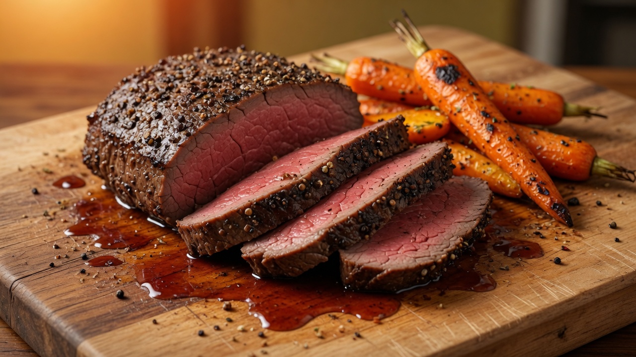 Pepper-crusted roast beef with carrots, food only