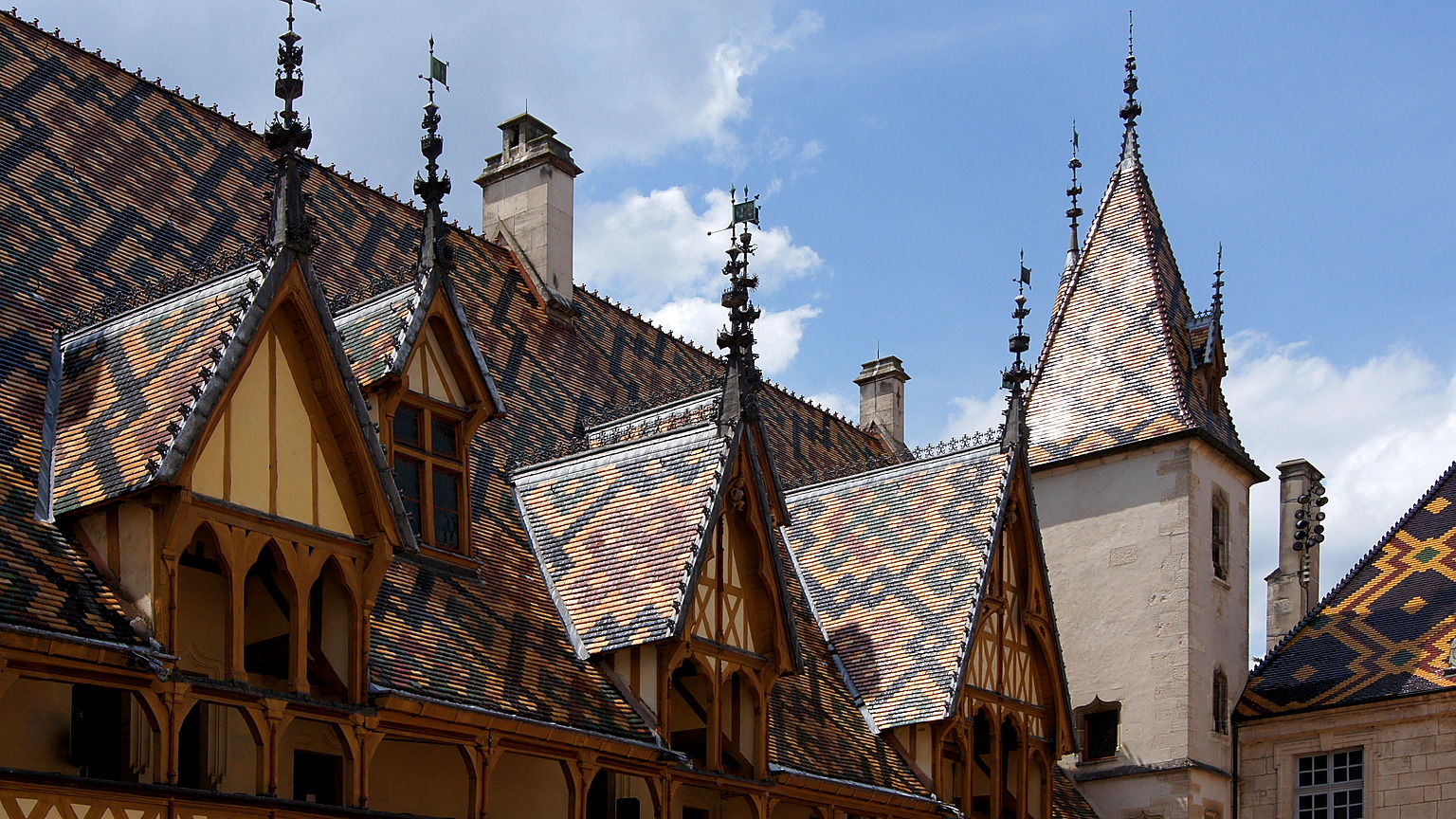 Glazed tile rooftops of the Hospices de Beaune, five minutes from the house