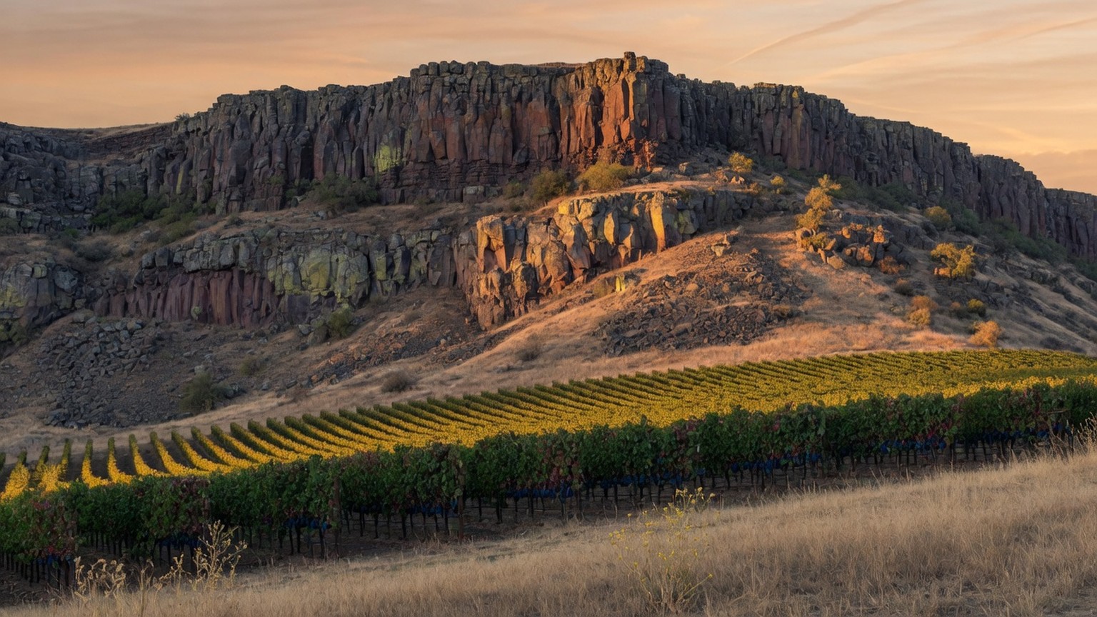 Generated hillside study, volcanic palisades above vineyard rows