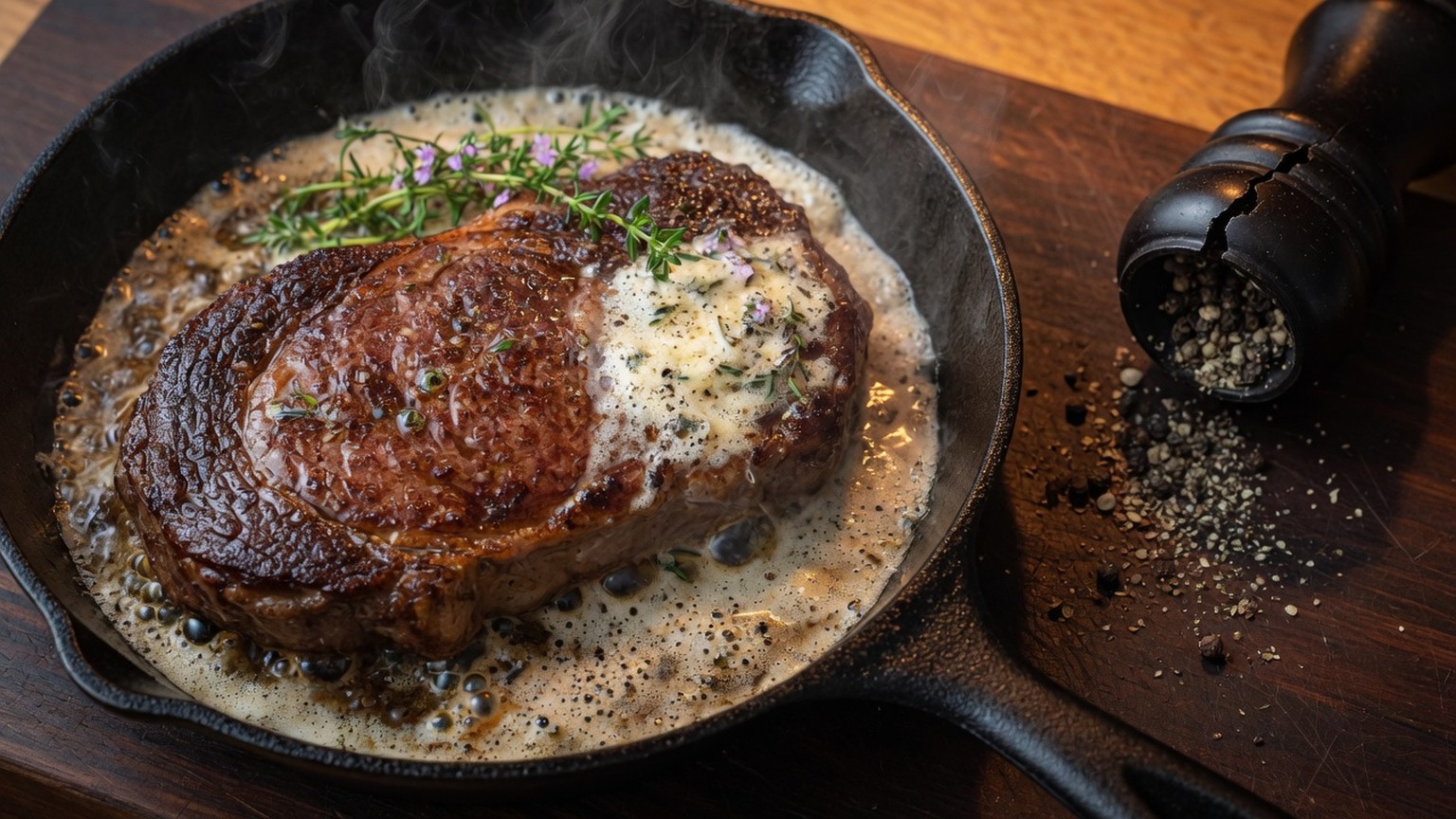 Butter-basted ribeye in a cast-iron pan, food pairing image