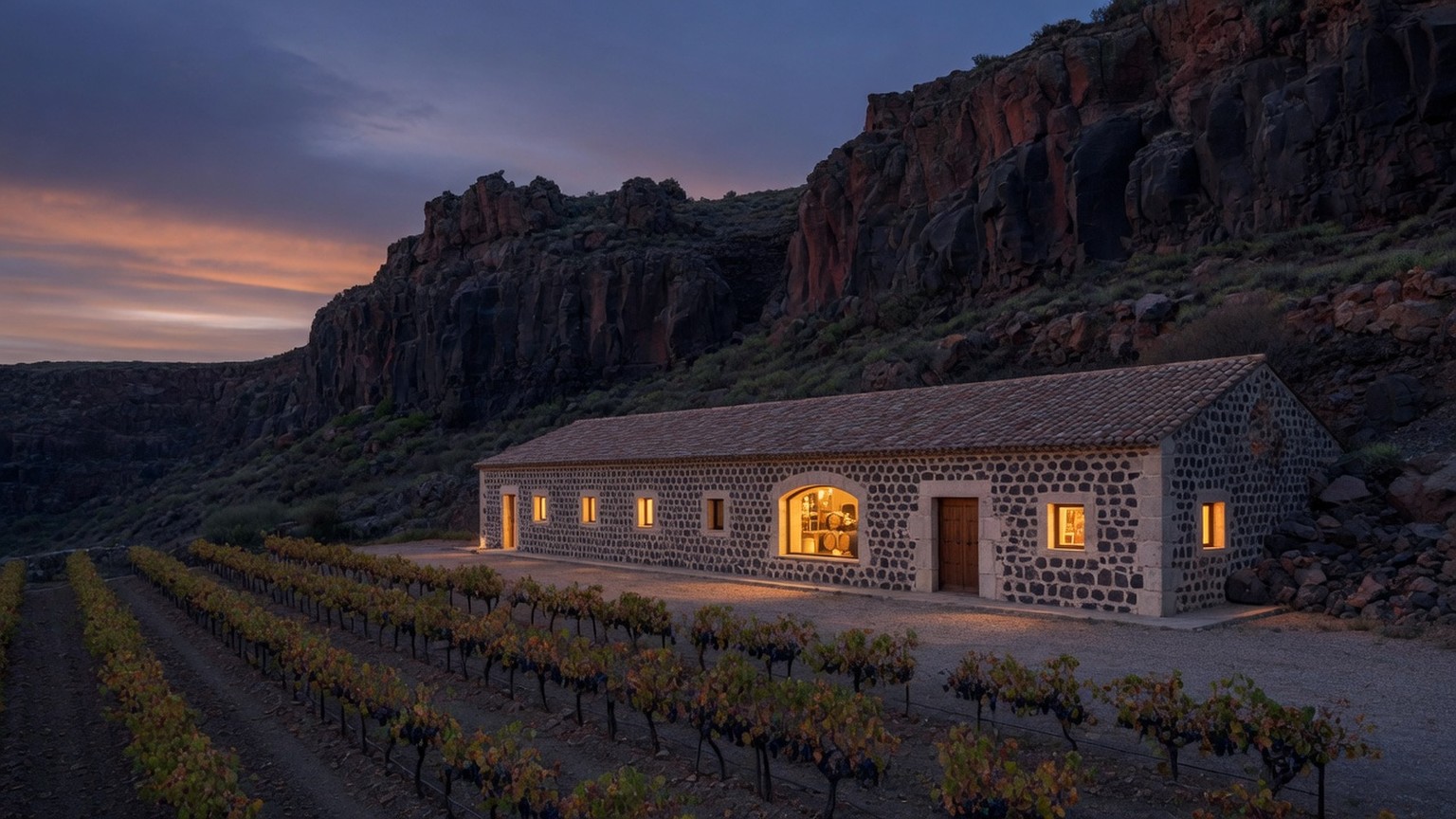 Generated stone winery study beneath volcanic cliffs