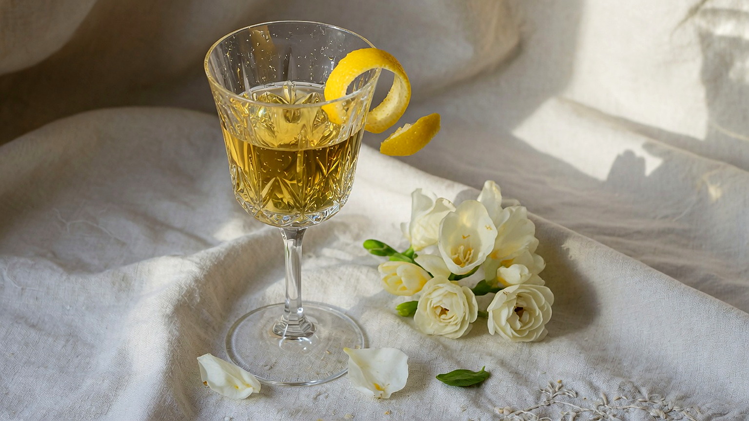 Golden Chardonnay in crystal with white flowers