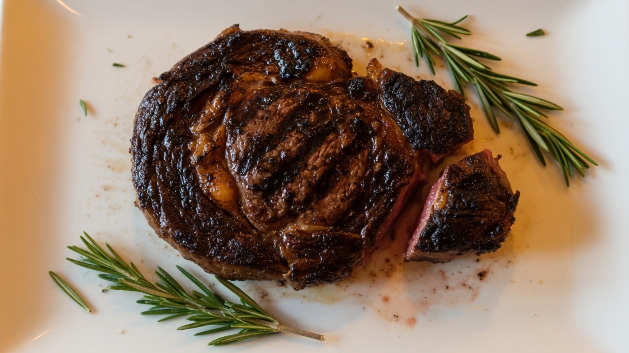 Grilled ribeye steak on a platter, food only