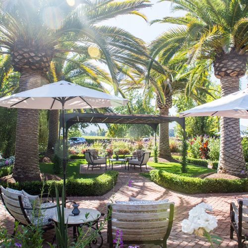 Garden patio at Caymus Vineyards