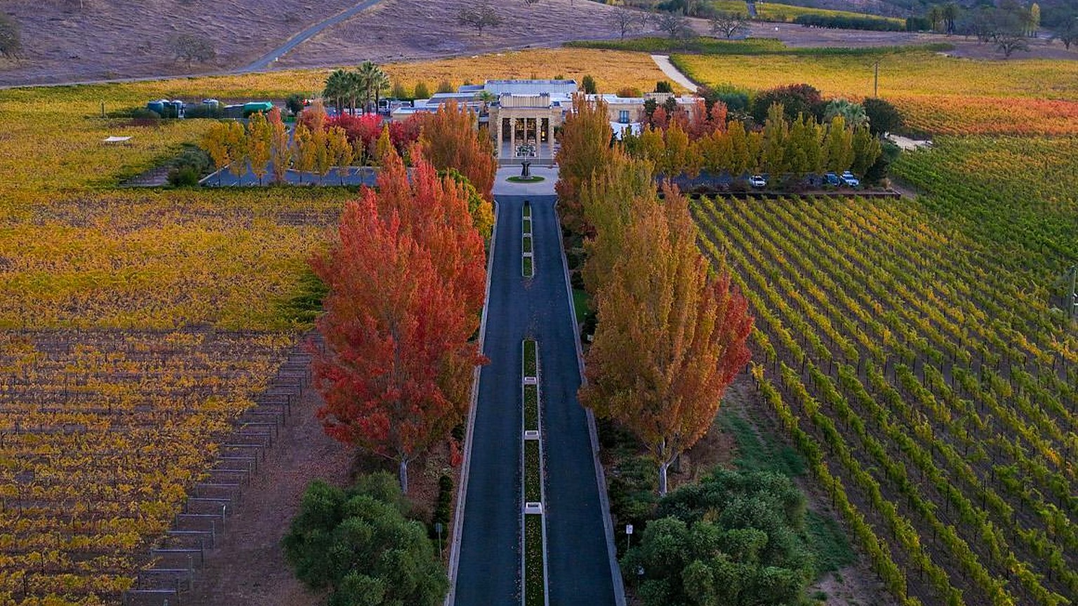 Aerial of Darioush Winery and estate vineyards on the Silverado Trail