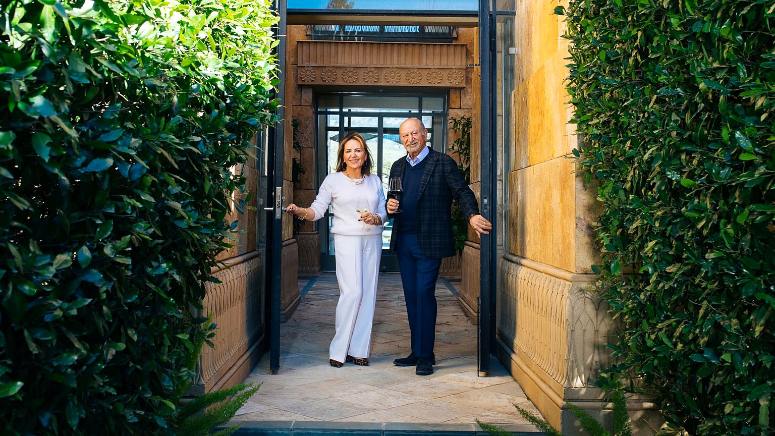 Darioush and Shahpar Khaledi at the entrance of Darioush Winery