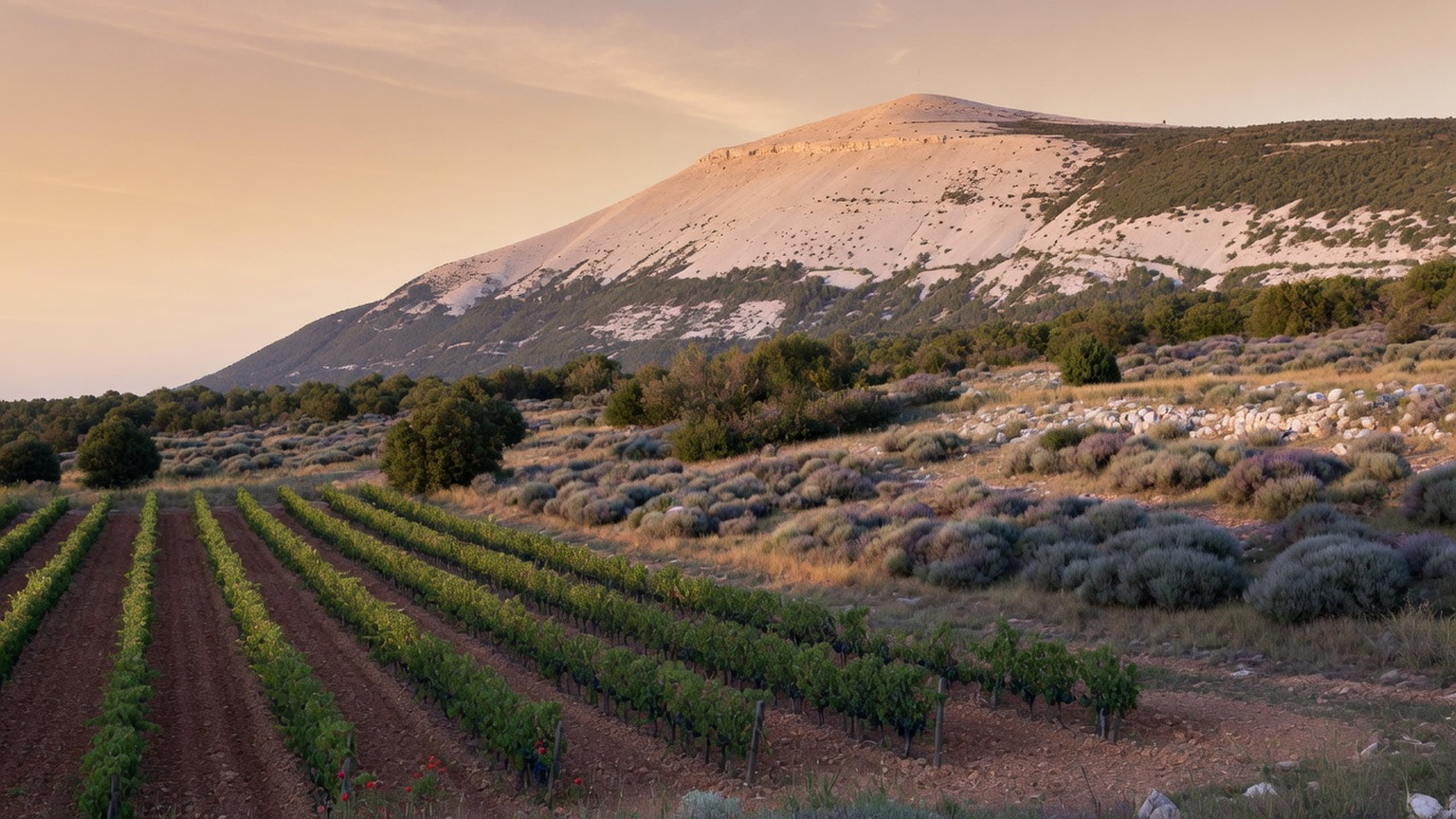 Mount Ventoux limestone massif with vineyard rows in the foreground, generated scene