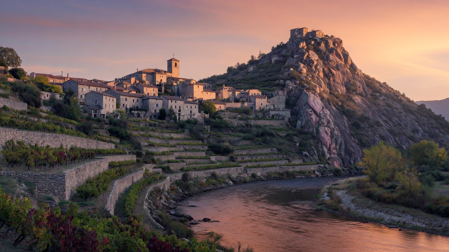 Northern Rhone granite hill, river, and vineyard terraces, generated scene