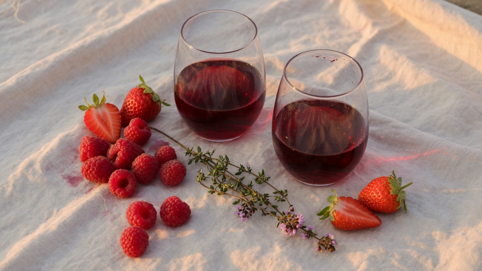 Two glasses of ruby Grenache with raspberries and thyme on linen