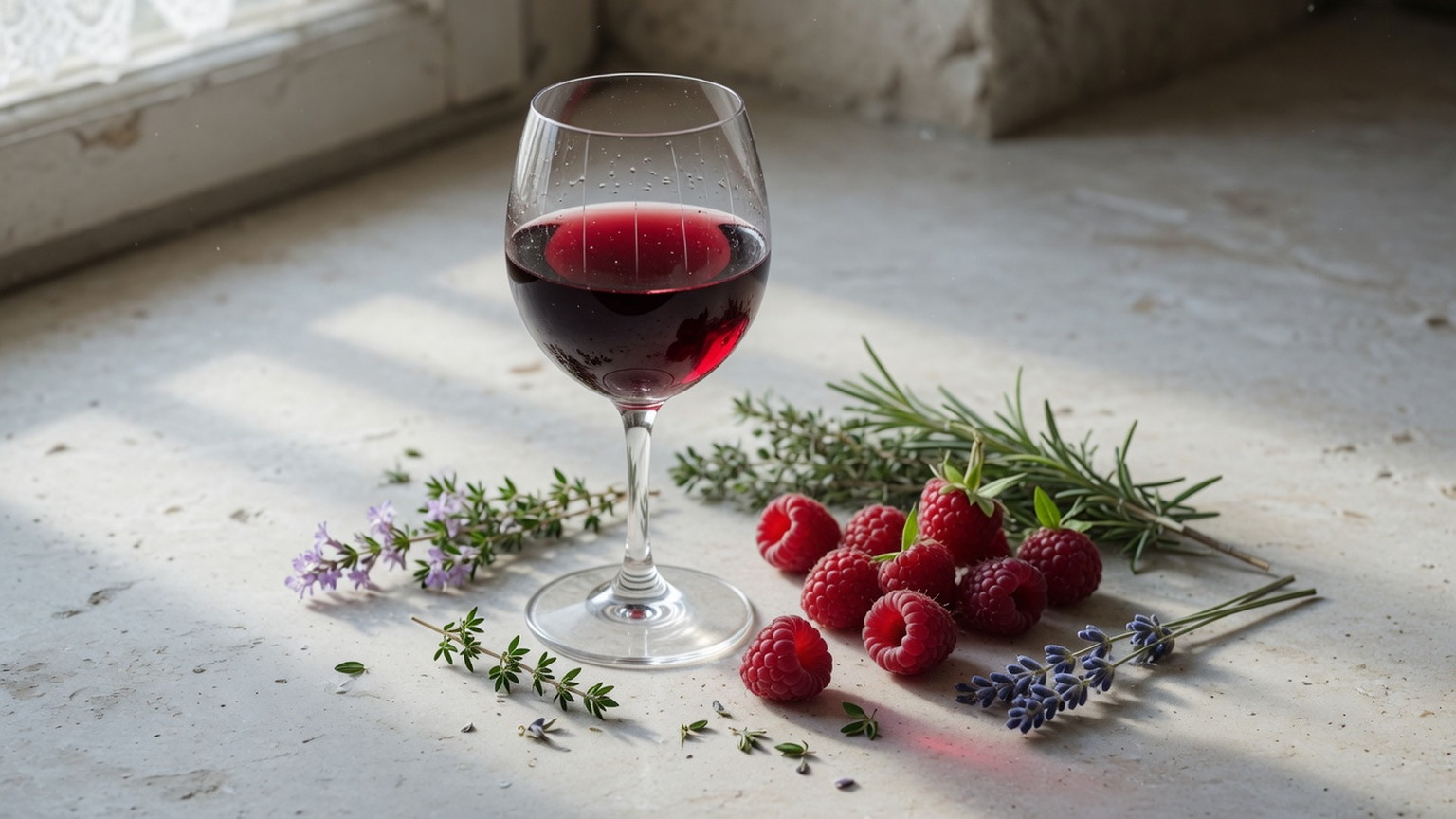Crystal glass of ruby wine beside raspberries and garrigue herbs