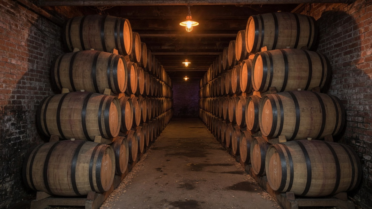 French oak barrels in a dim cellar aisle, generated scene
