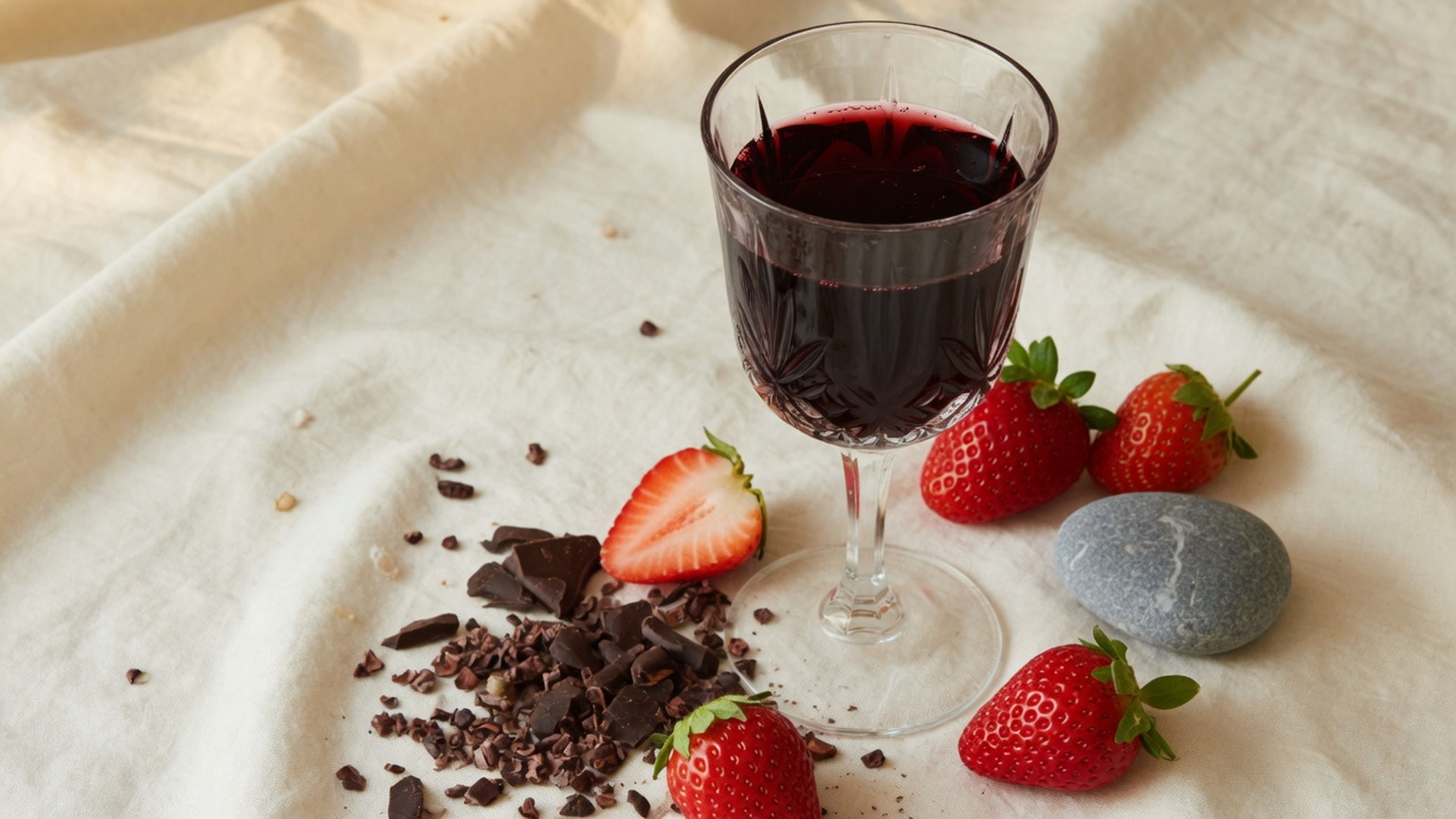 Dark red wine in crystal with cocoa and strawberry