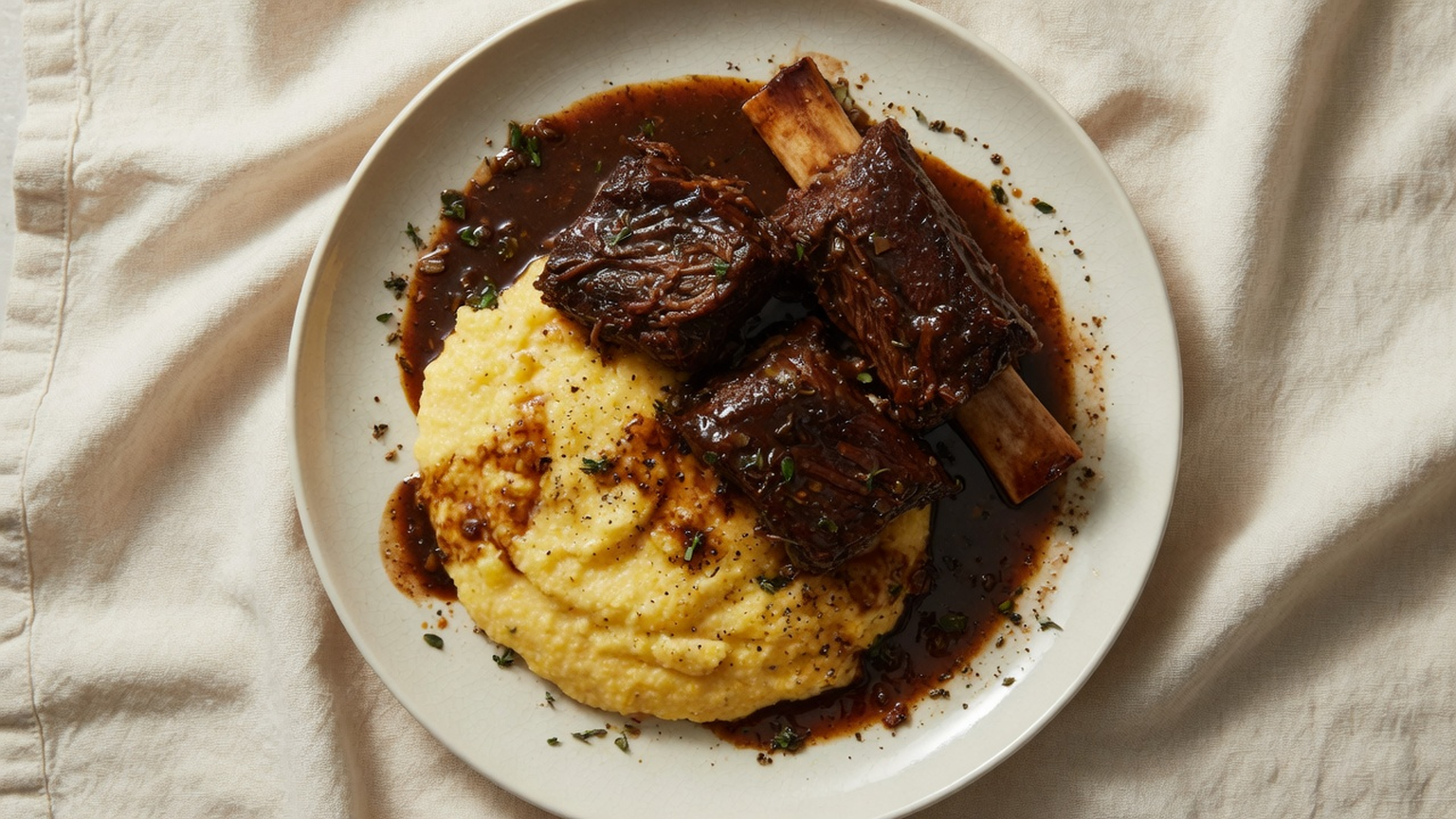 Braised short ribs with polenta, food pairing image