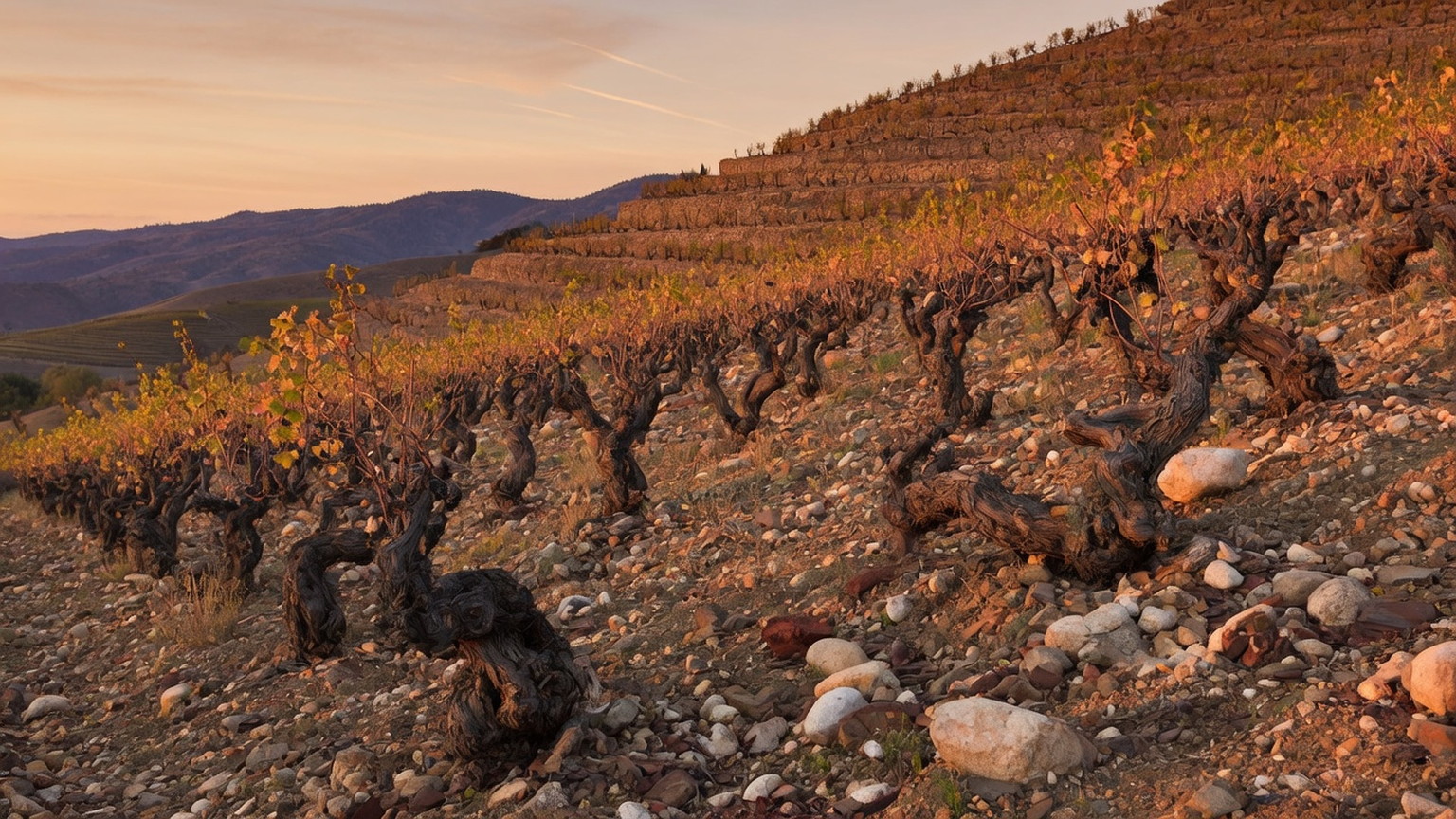 Old vines on rocky soil at dusk, generated scene