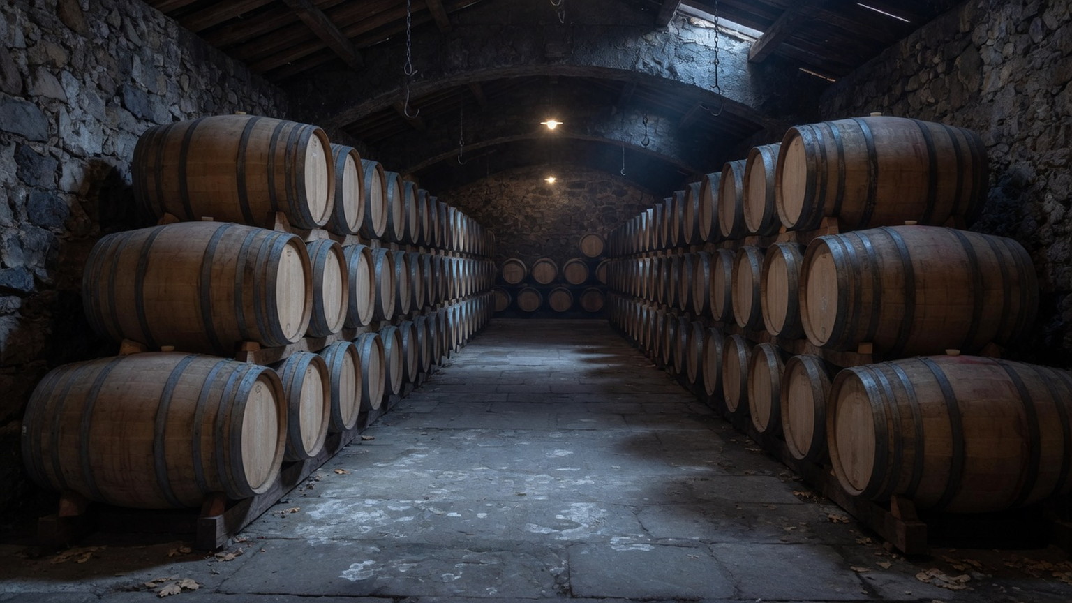 French oak puncheons in a stone cellar, generated scene