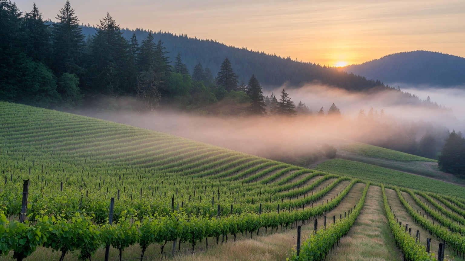 Oregon Pinot Noir vineyard rows in Coast Range foothills with marine fog, generated scene