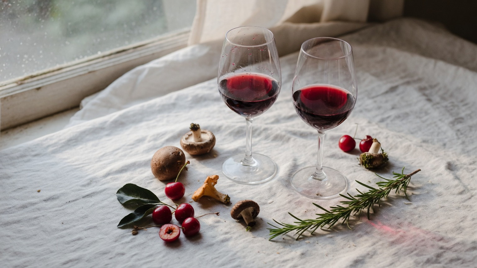 Two Pinot Noir glasses with cherries and rosemary on linen