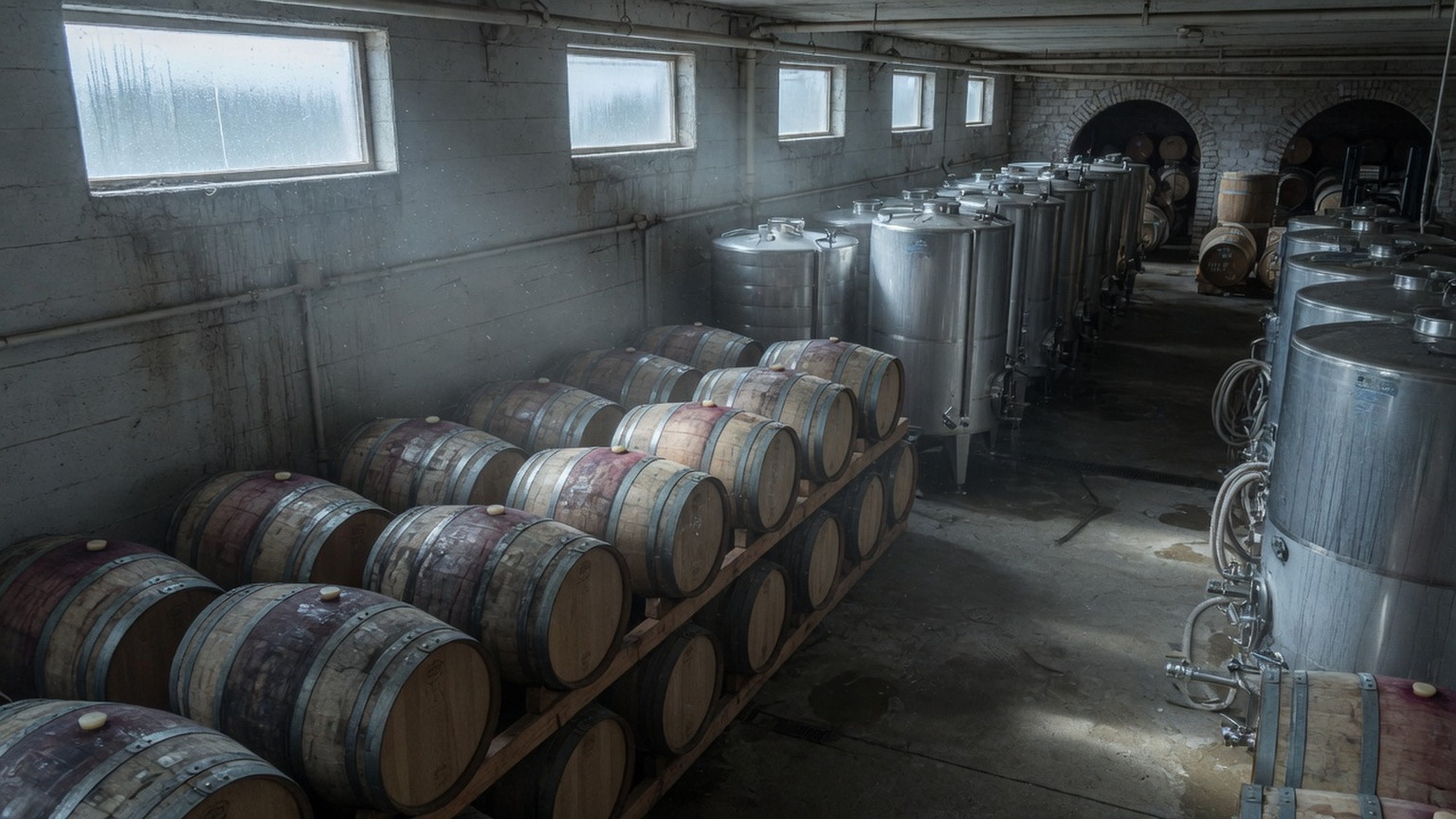 Oak barrels and stainless tanks in a winery cellar, generated scene