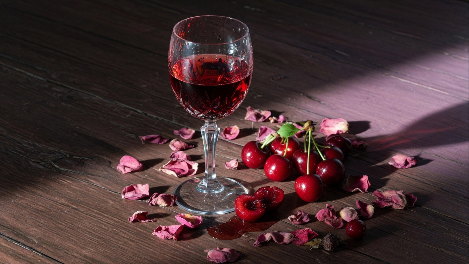 Crystal glass of ruby Pinot Noir beside cherries and rose petals