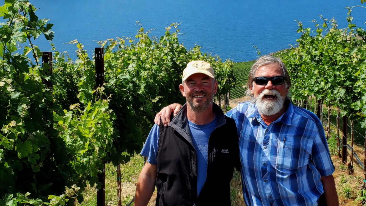 Gilles Nicault with grower Bill DenHoed in a Columbia Valley vineyard above the river