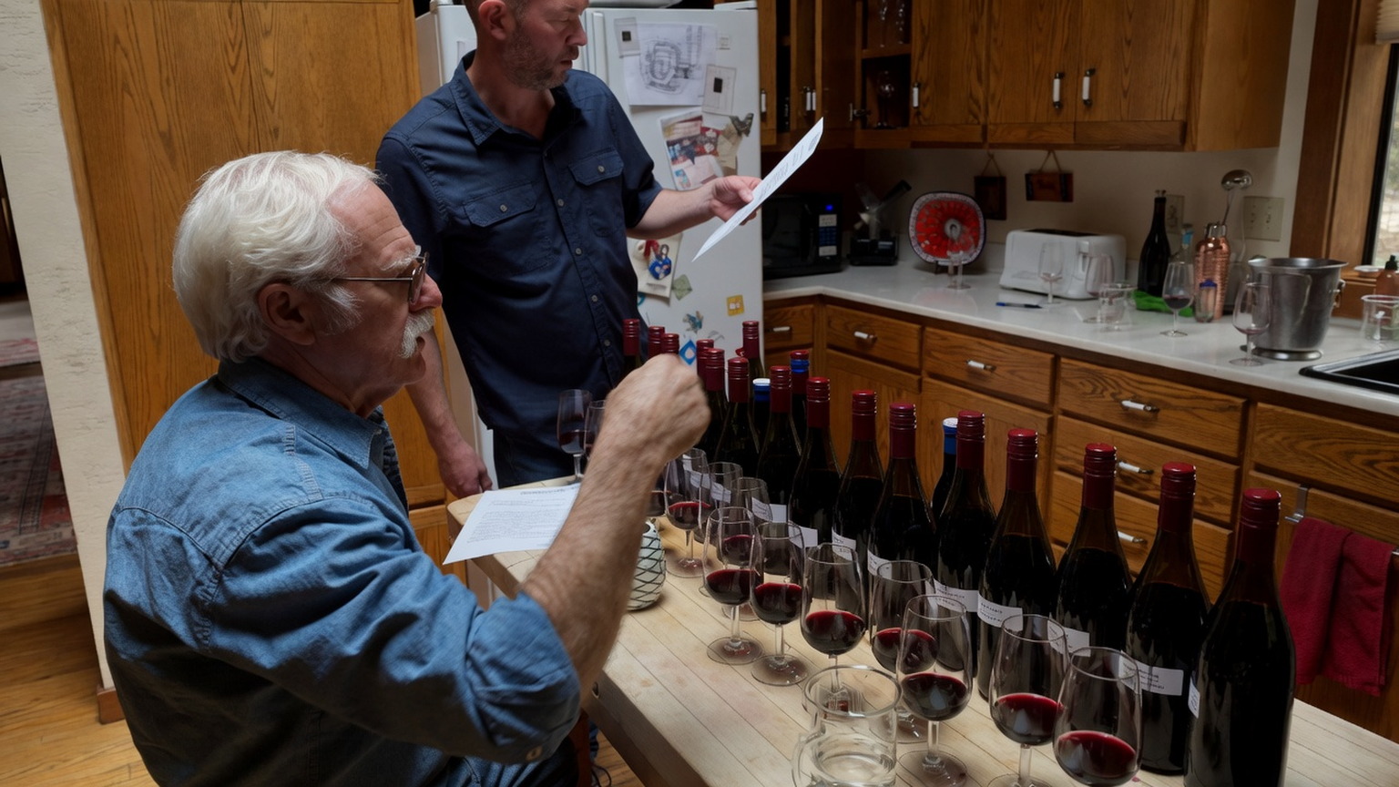 Randy Dunn and Gilles Nicault blending Feather Cabernet lots