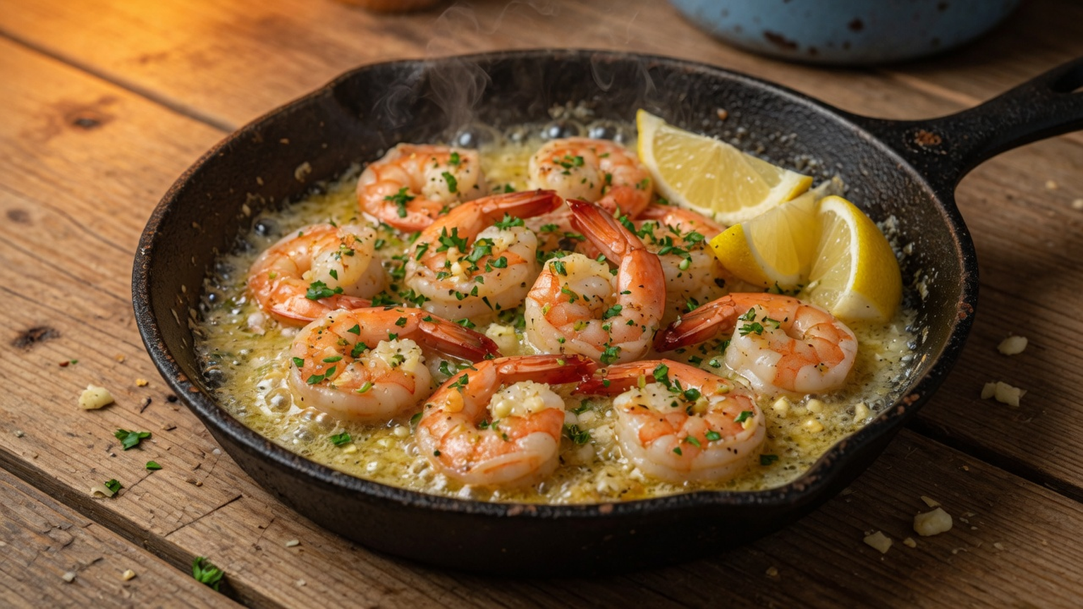 Garlic butter prawns in a skillet, food pairing image