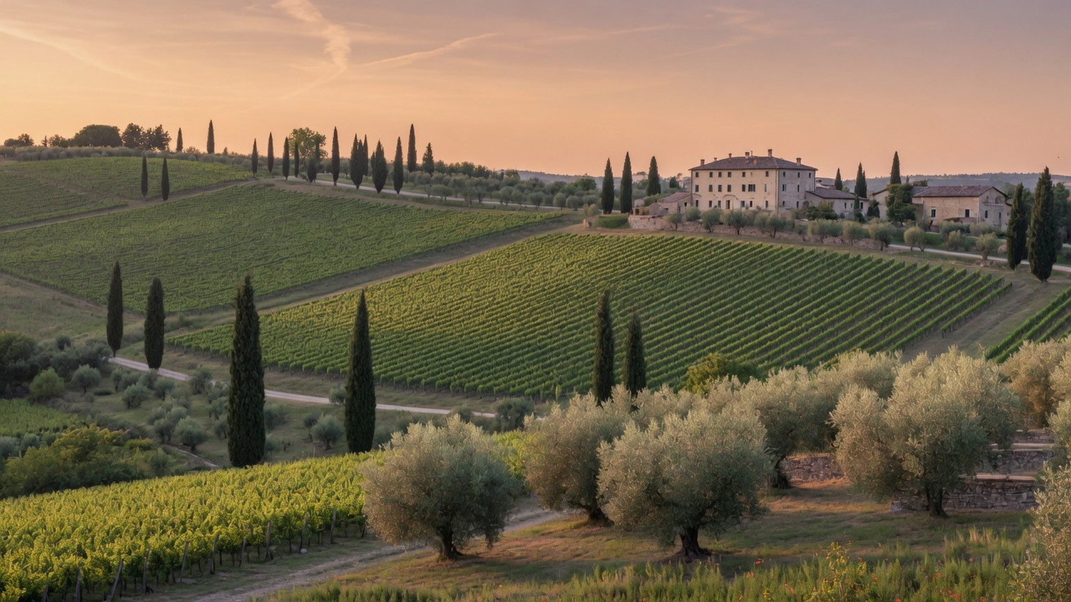 Veneto rolling vineyard hills and a distant stone farmhouse, generated scene