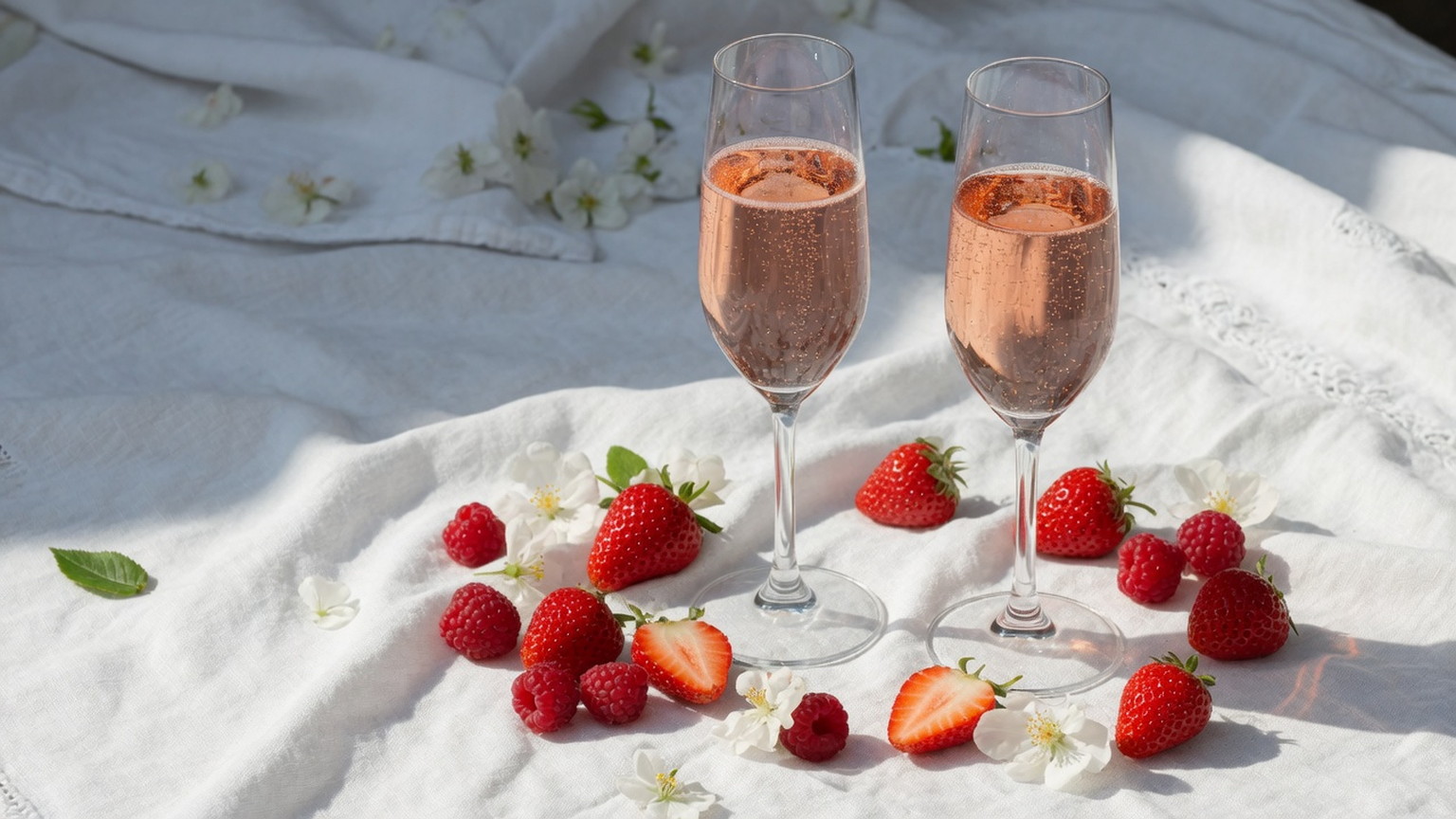 Two flutes of pink sparkling wine with strawberries on linen