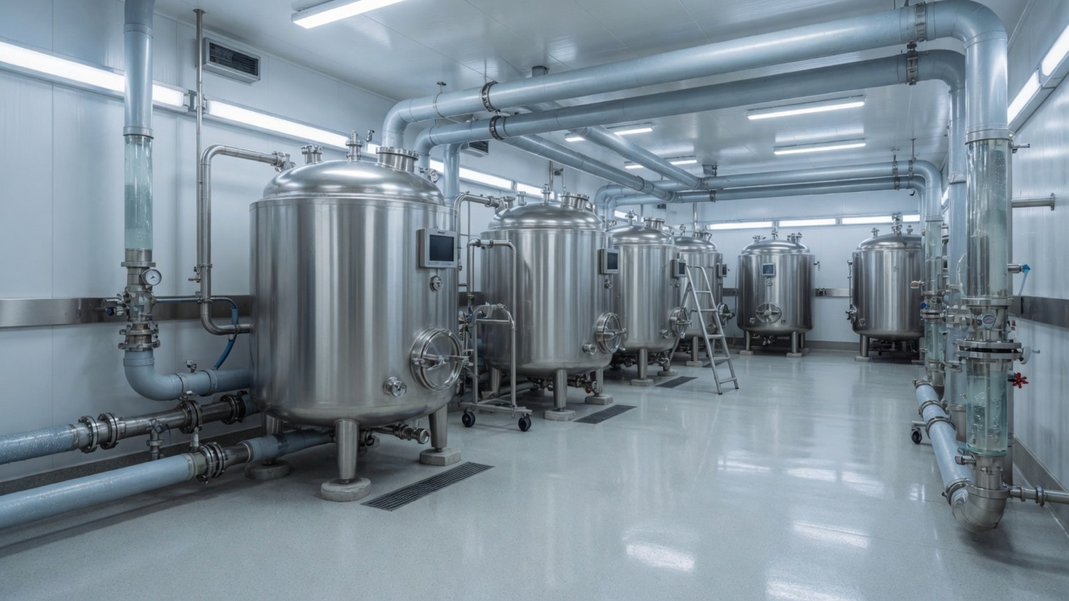 Stainless autoclave tanks in a sparkling wine cellar, generated scene