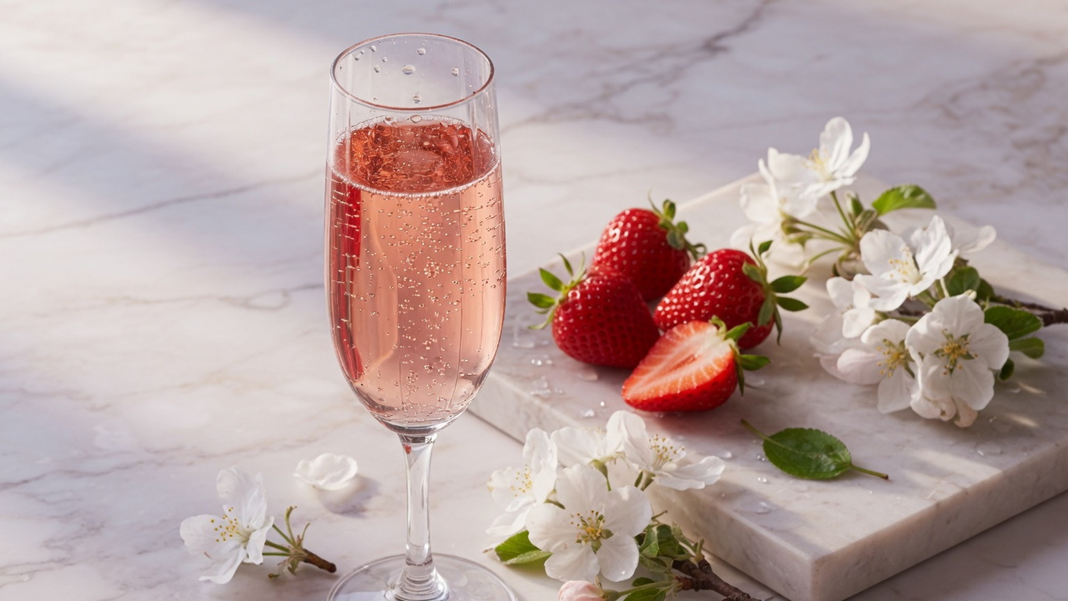 Flute of pink prosecco beside strawberries and white blossoms