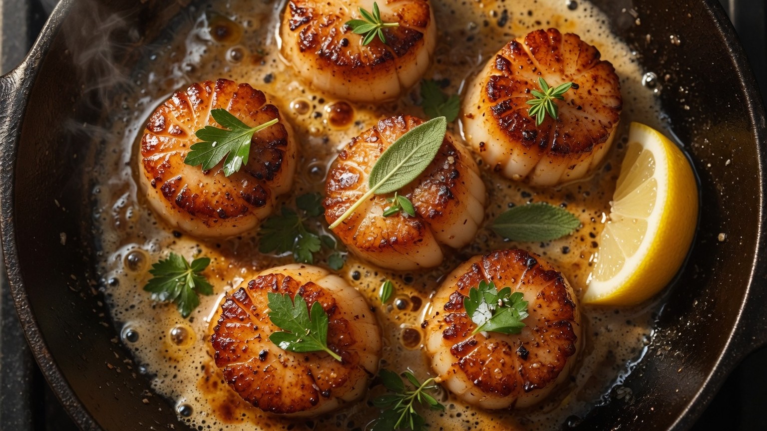 Pan-seared scallops with lemon butter, food pairing image
