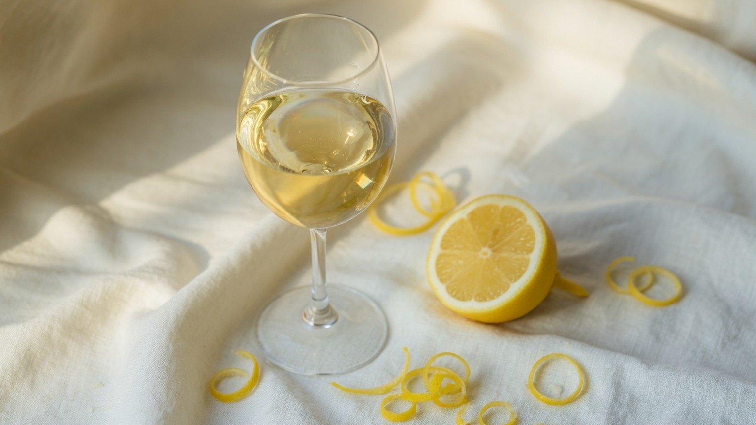 Glass of Chardonnay with lemon, generated still life