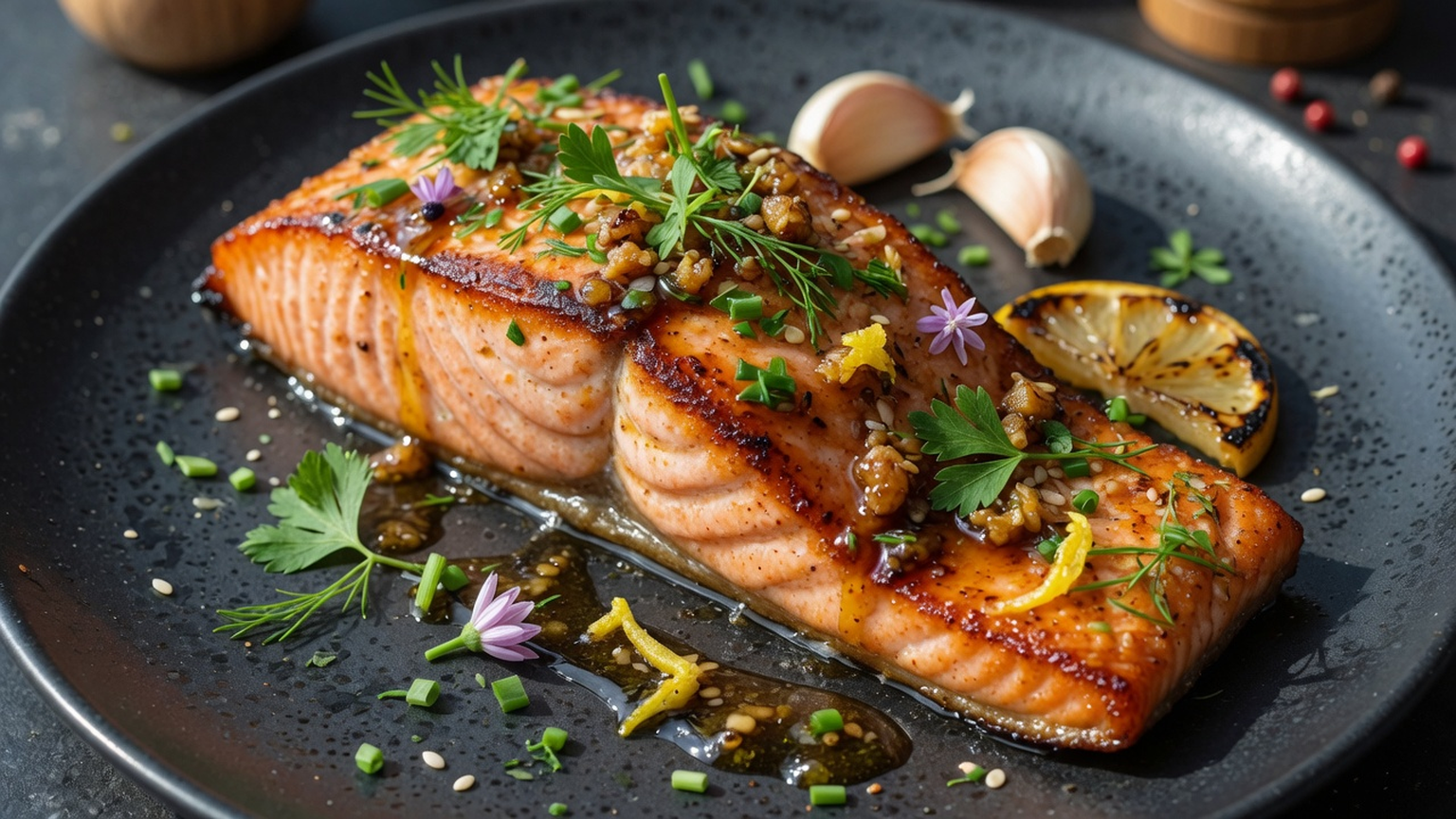 Honey garlic salmon, food pairing image