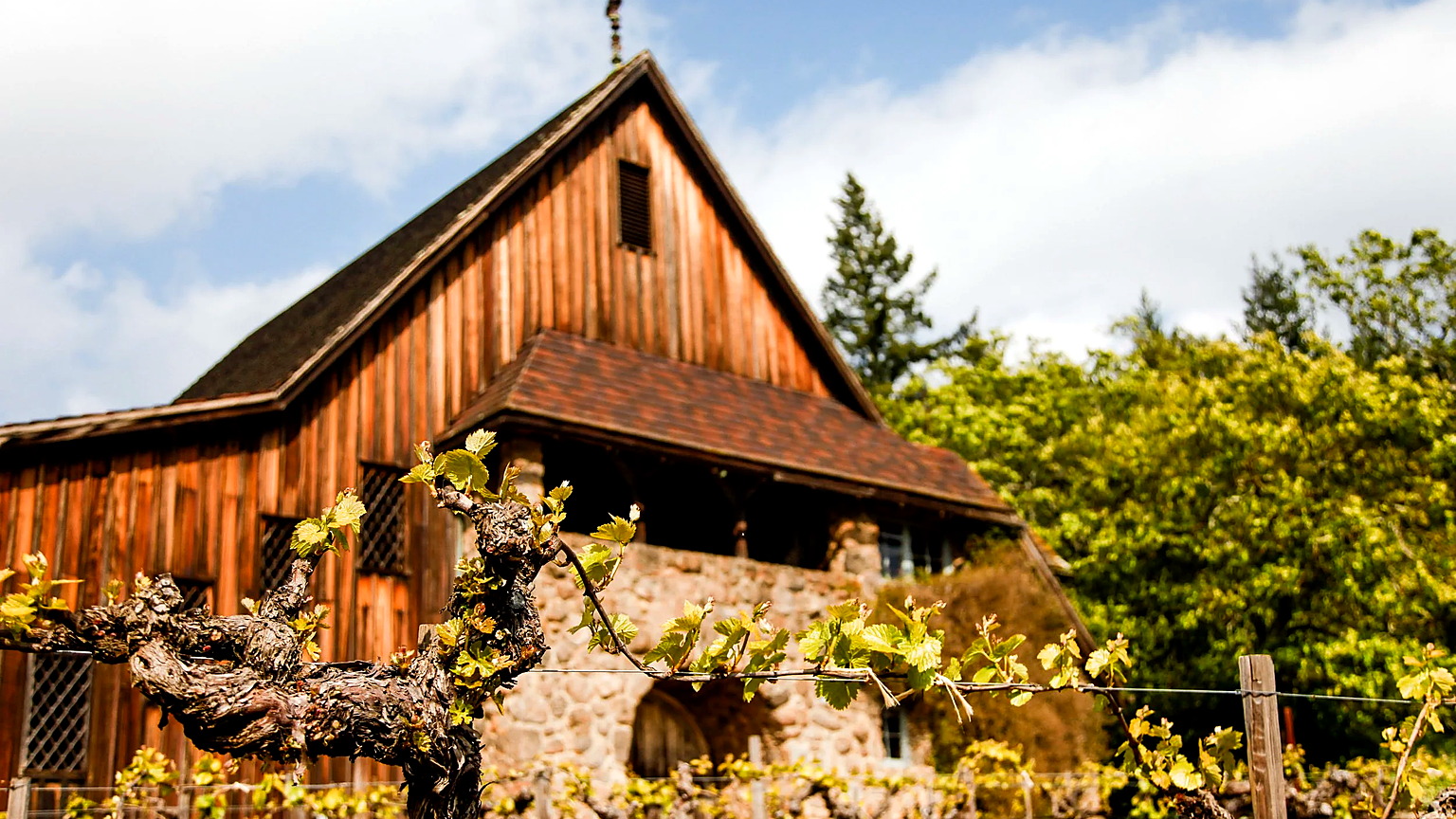 Hanzell heritage winery behind Ambassador Block vines in Sonoma