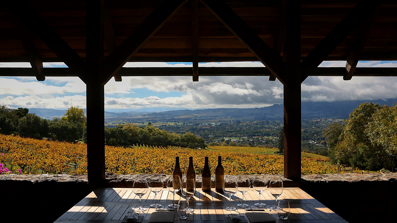 Hanzell tasting table overlooking Sonoma Valley and the estate vines