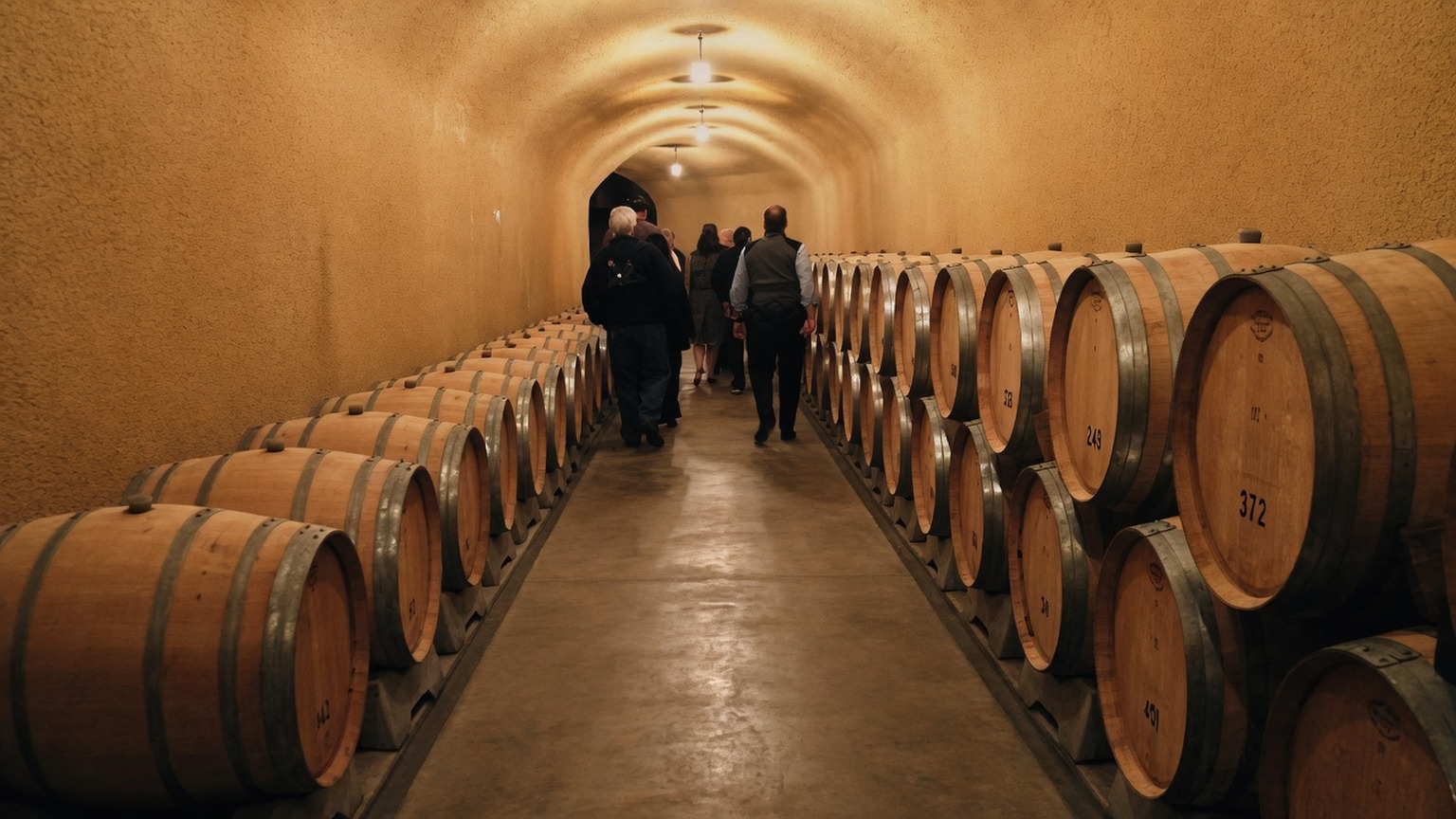 Barrels in the Hanzell wine cave during a tasting tour