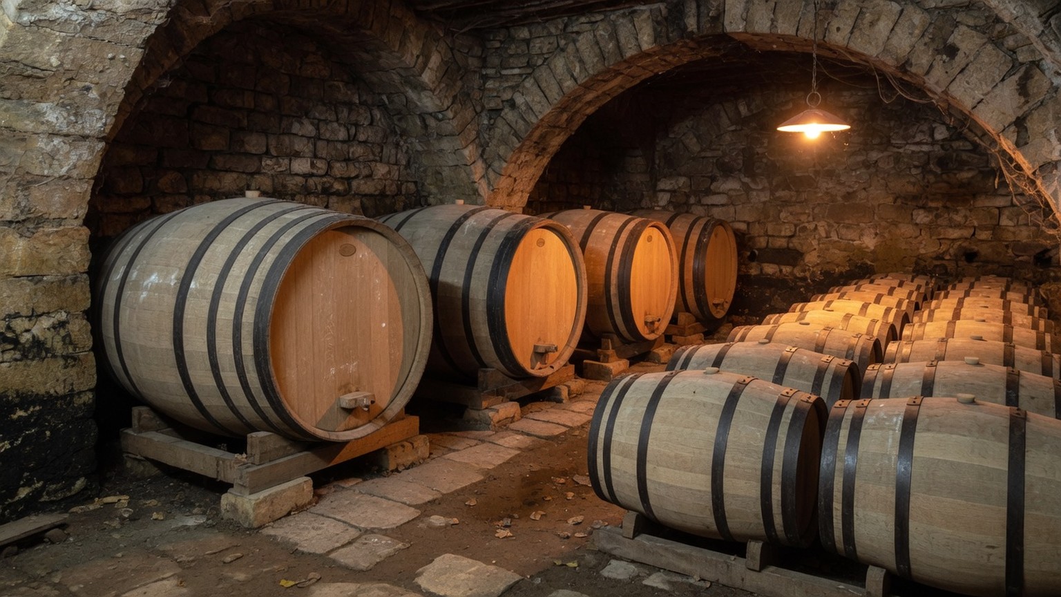 Generated cellar study, large casks beside smaller barrels