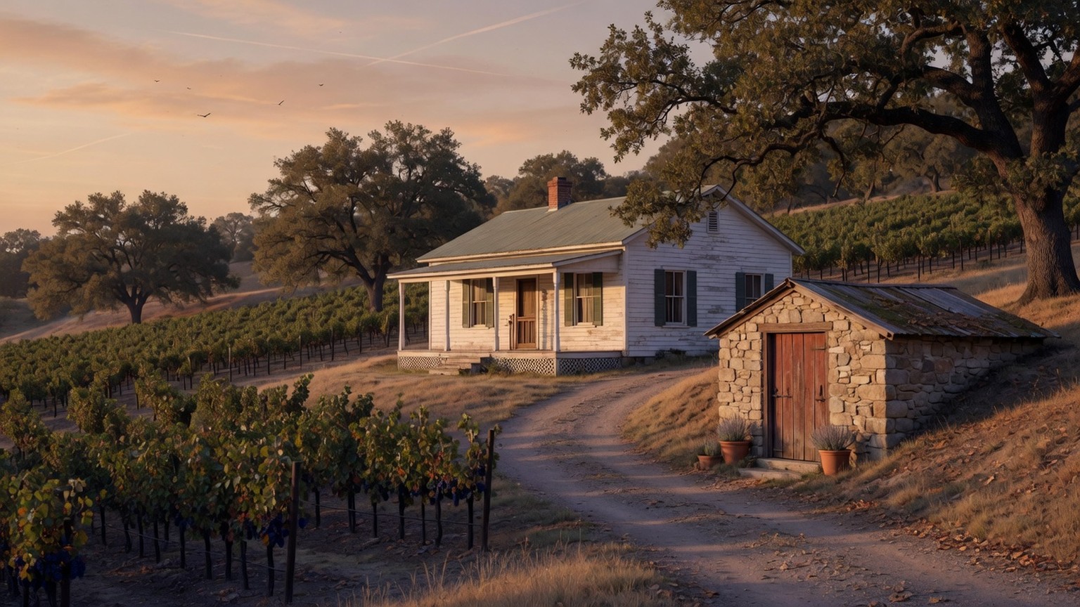 Generated ranch study, a white house and stone shed among vines