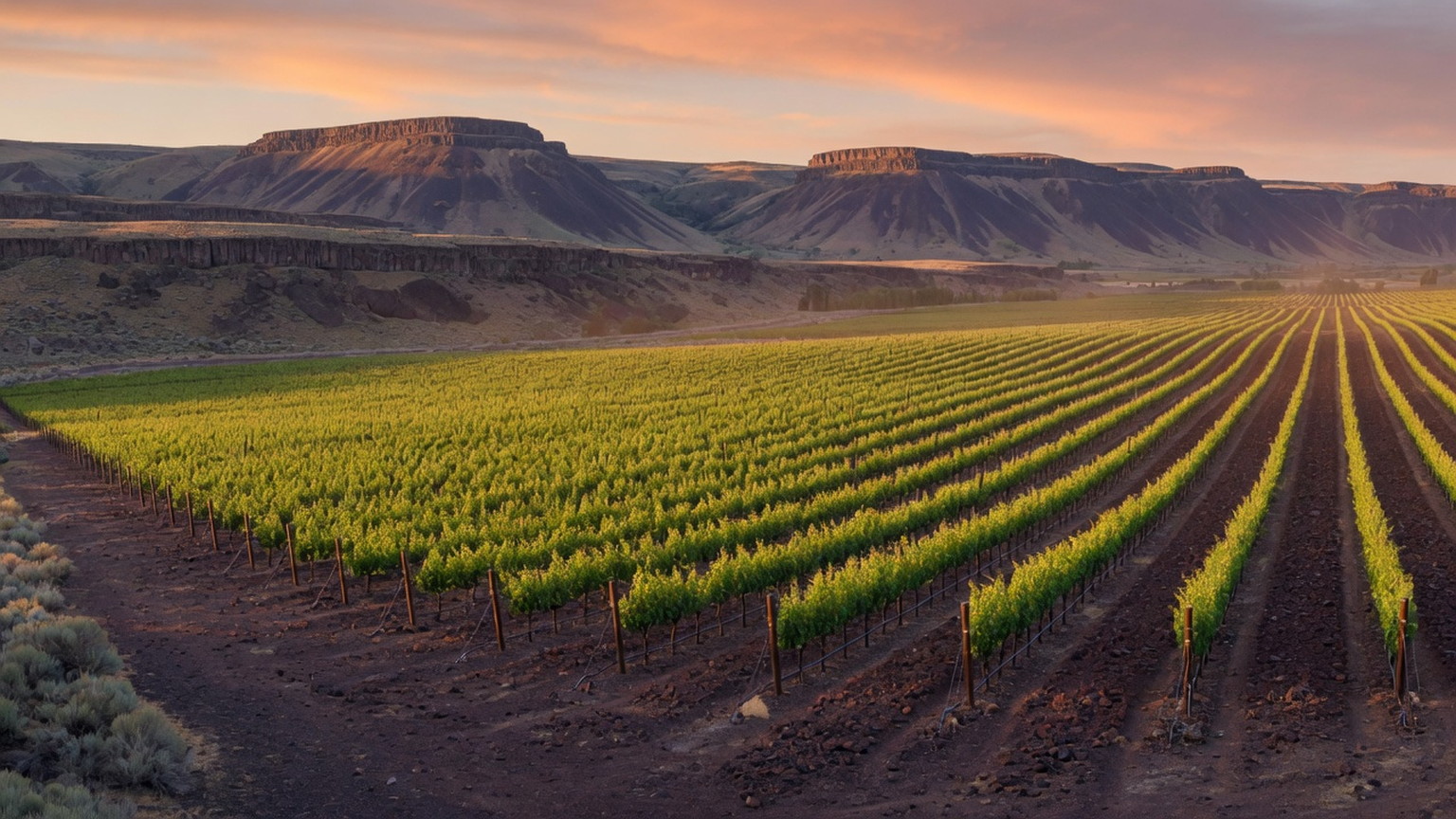 Columbia Valley vineyard rows toward Horse Heaven Hills at golden hour, generated scene