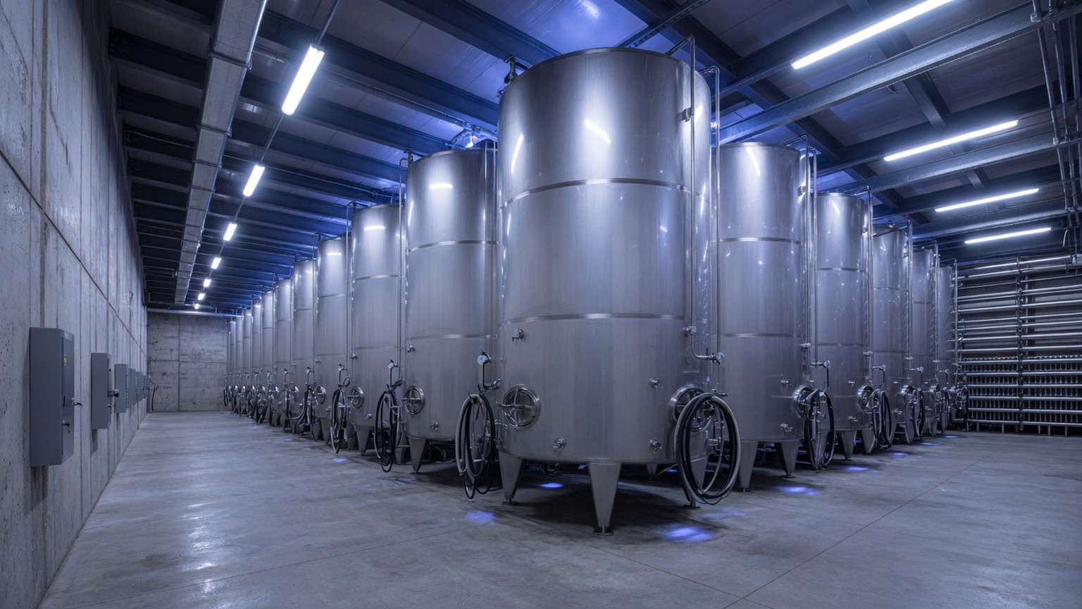 Stainless steel fermentation tanks in a Washington cellar, generated scene