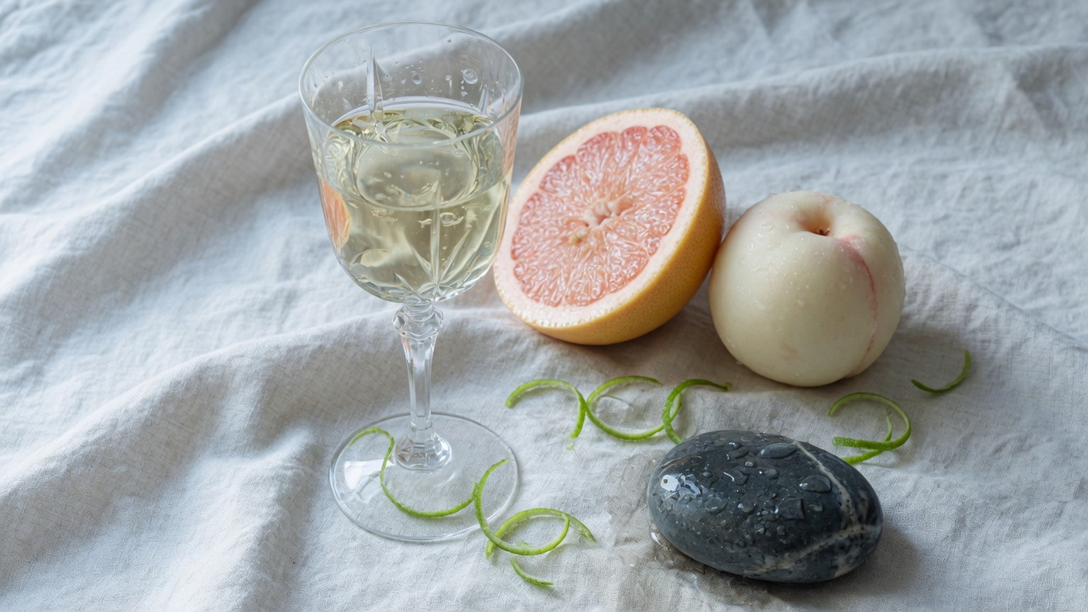Crystal glass of pale Sauvignon Blanc with citrus and stone