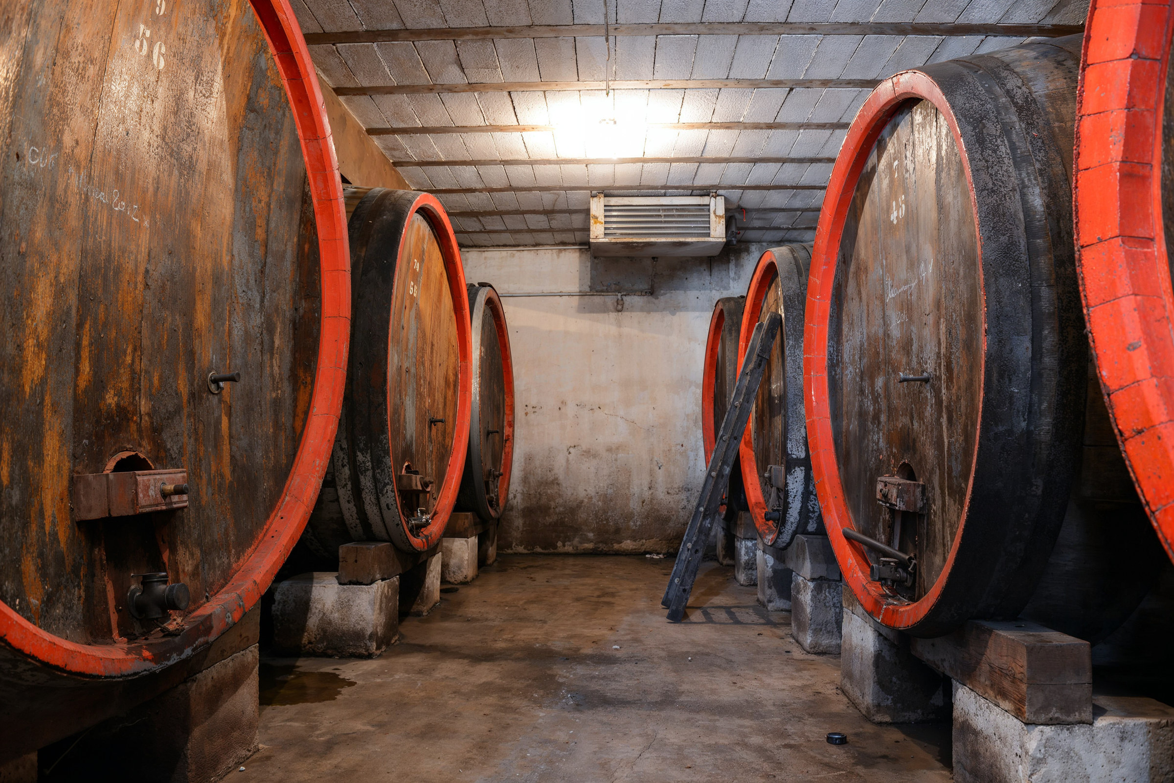 Mature oak cask in the Domaine de la Janasse cellar