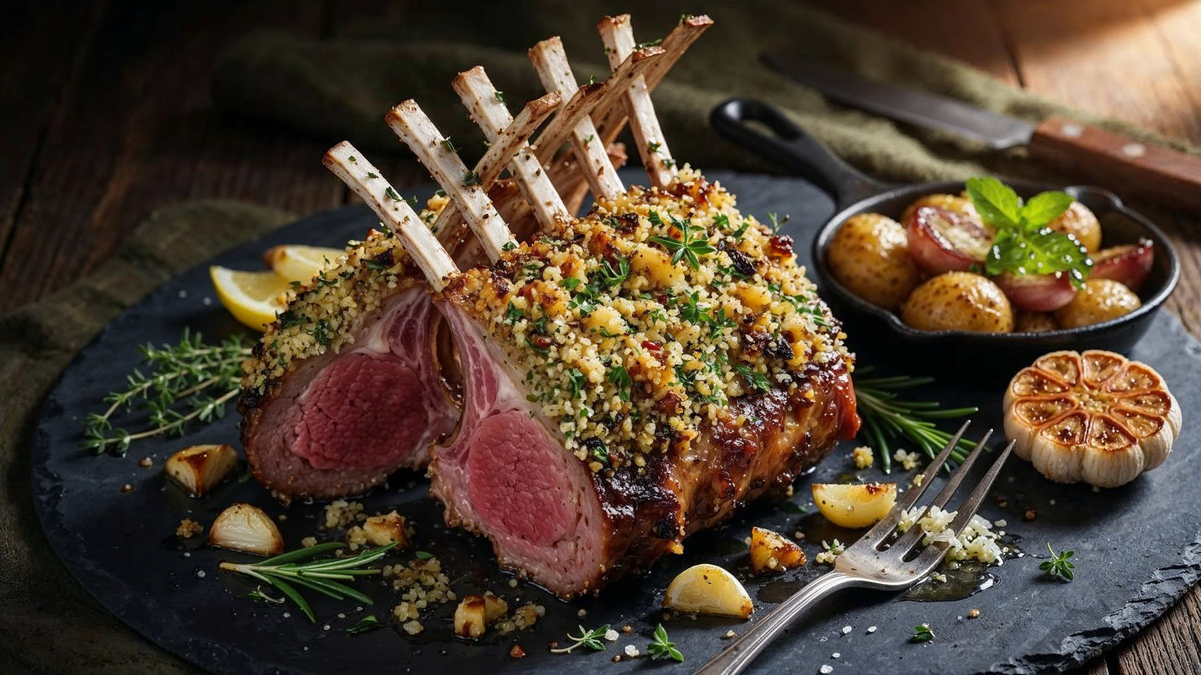 Garlic and rosemary crusted roast rack of lamb