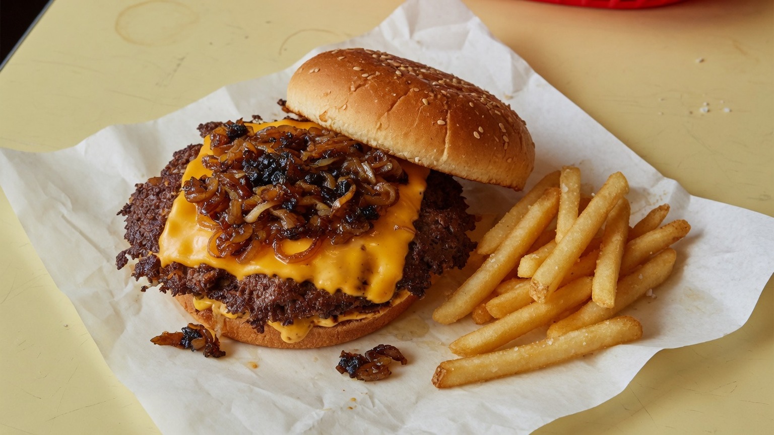 Cheeseburger with caramelized onions and fries, food only