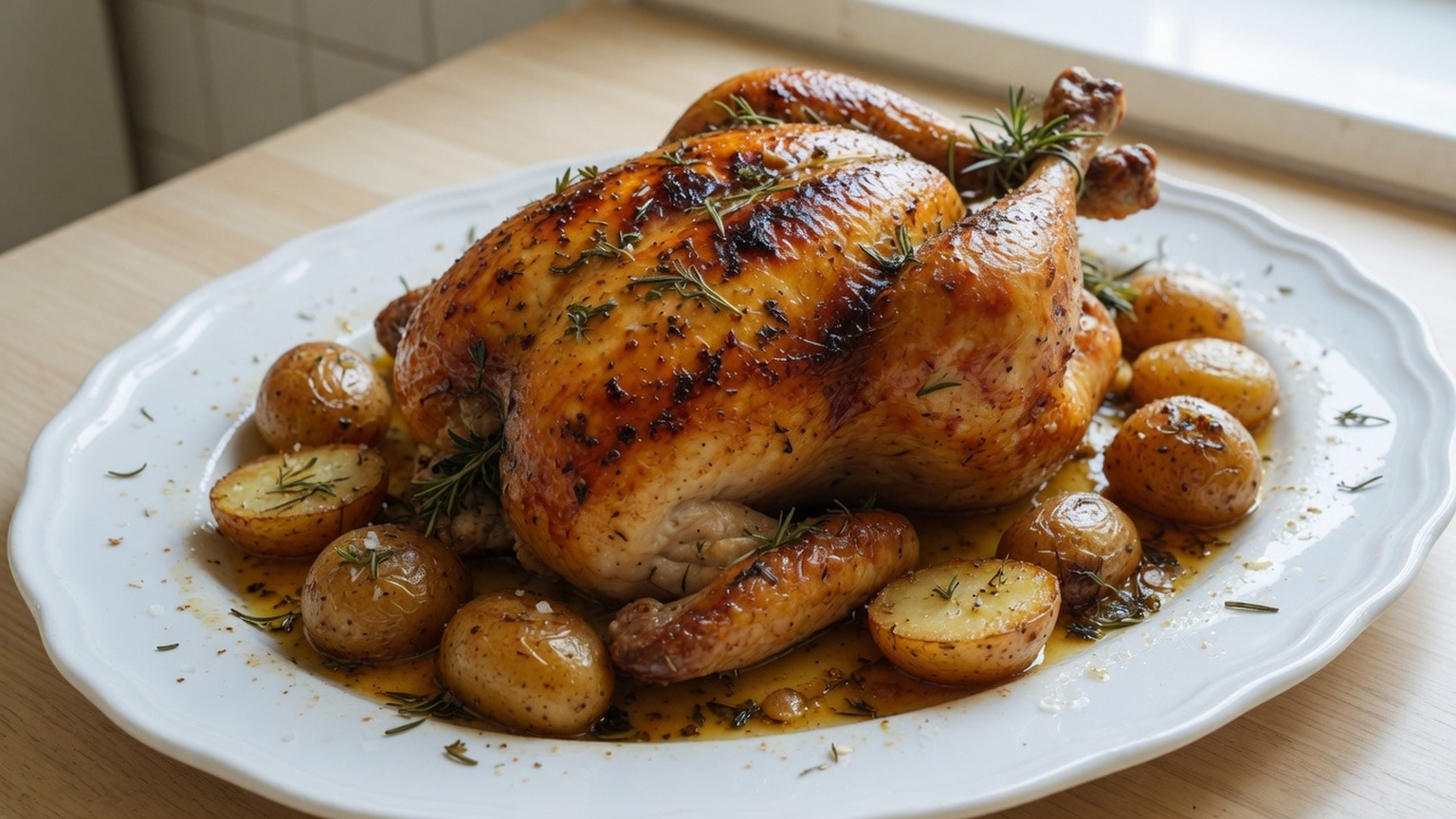 Roast chicken with potatoes and herbs, food only