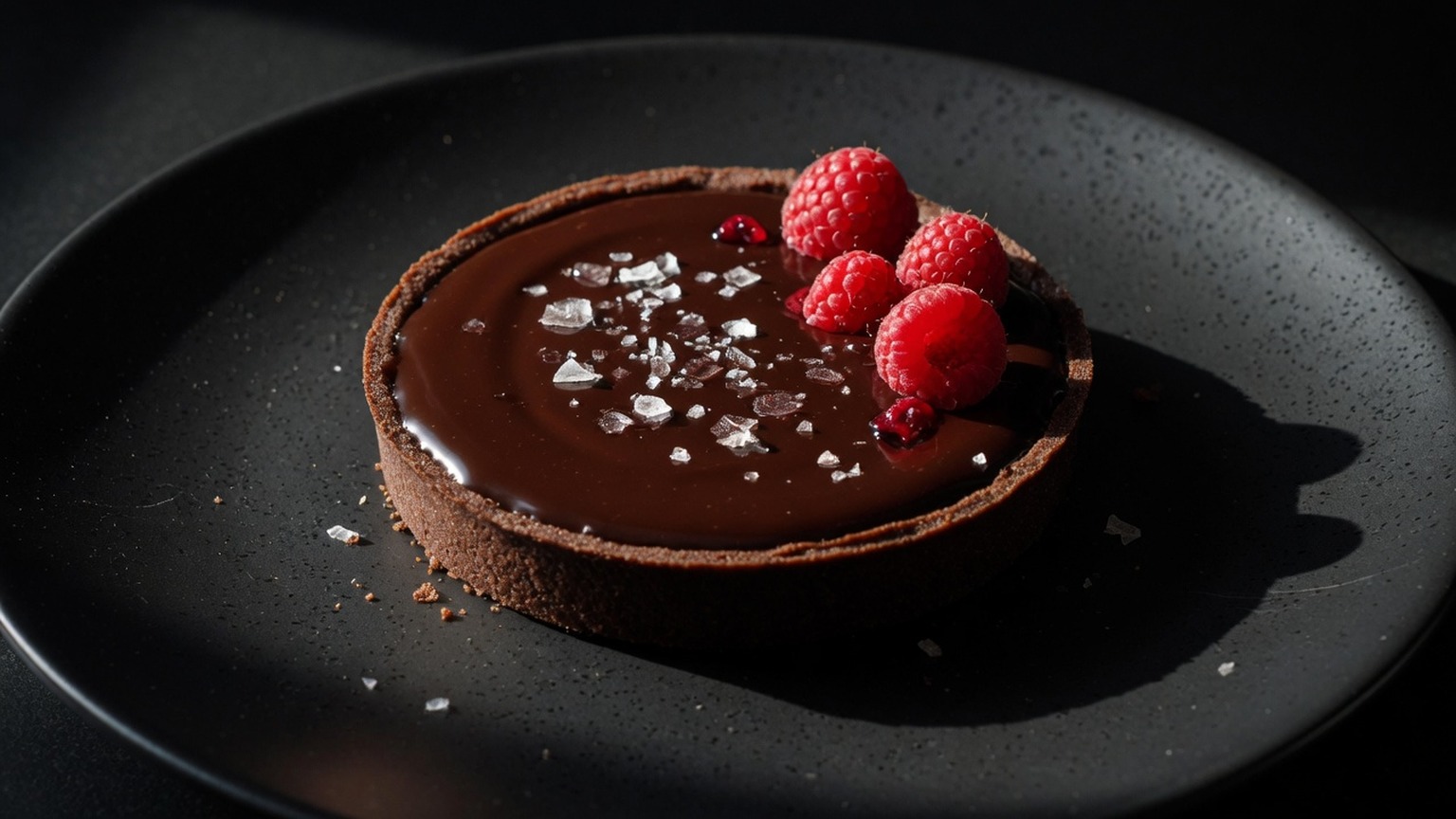 Dark chocolate tart with raspberries, food only