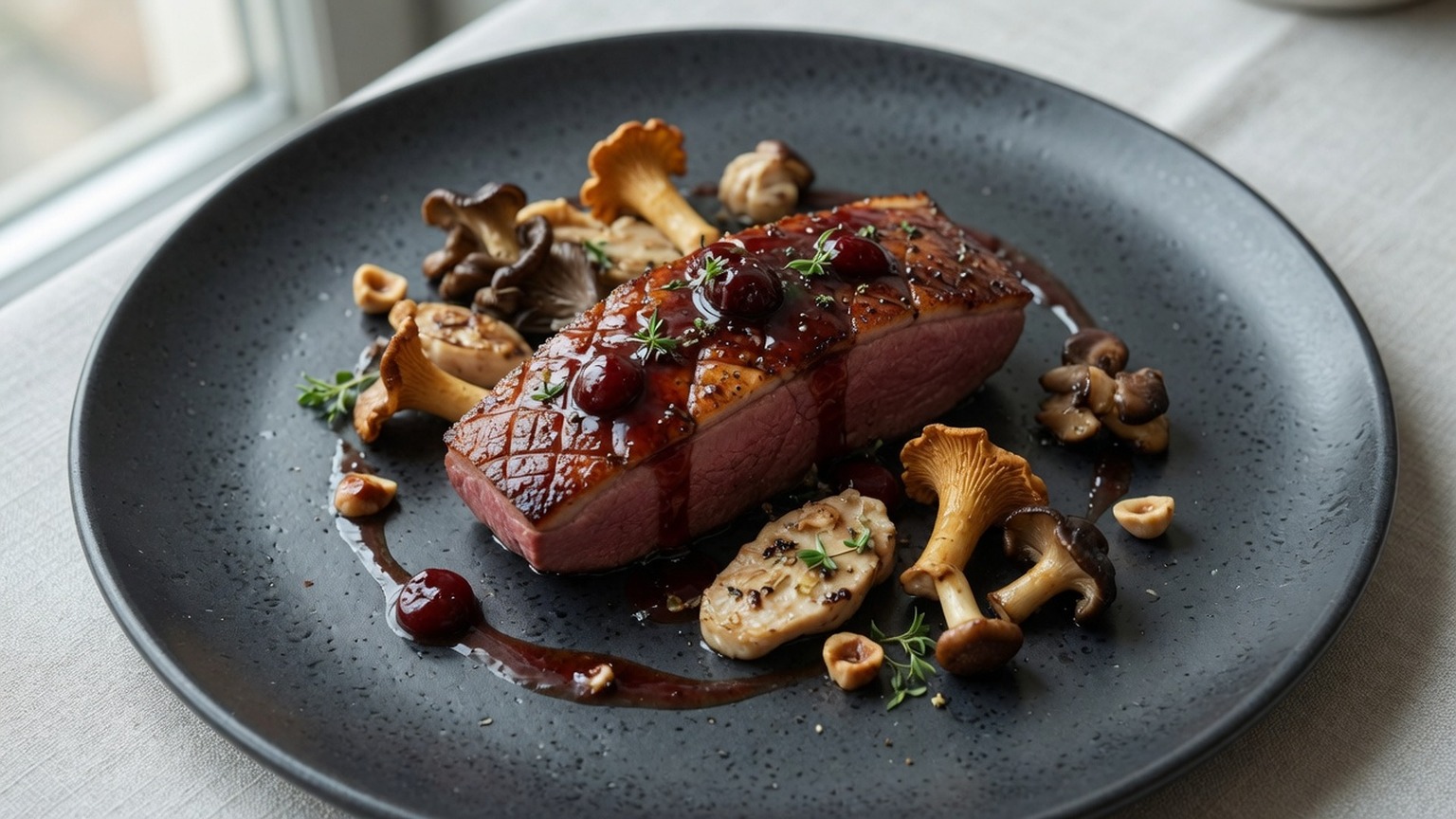 Seared duck breast with cherry glaze and mushrooms, food only