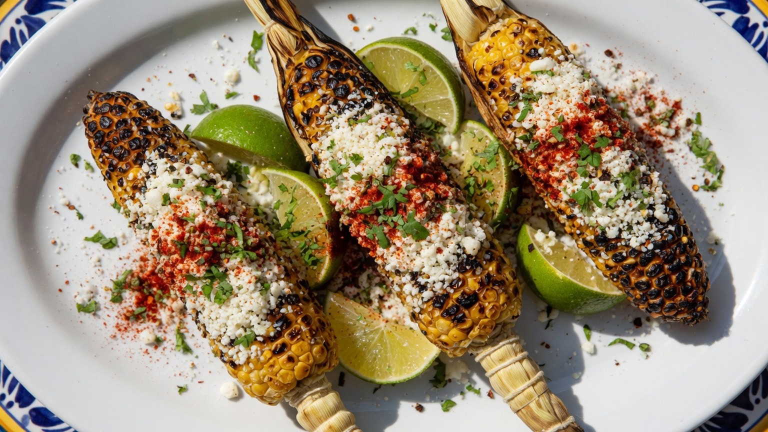 Grilled Mexican street corn with chili and cotija, food only